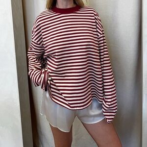 Striped Long Sleeve Crewneck Top - Burgundy & White